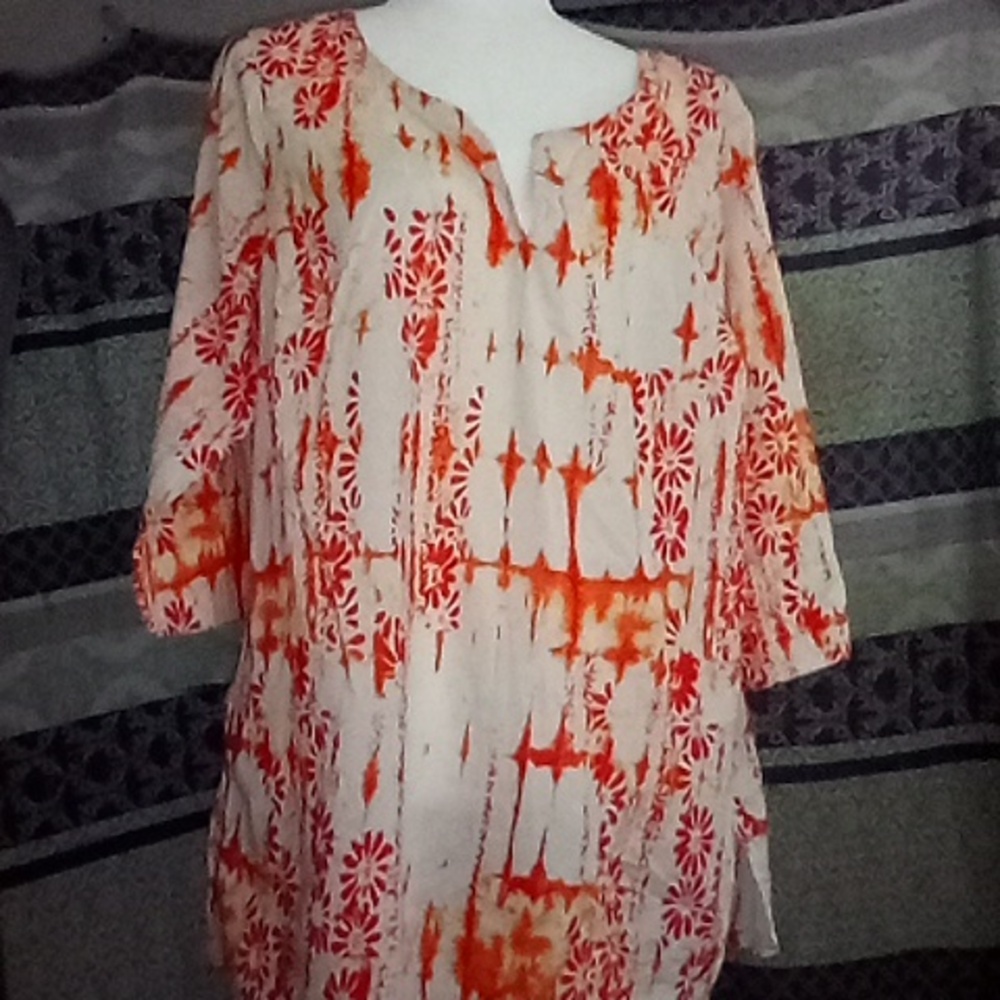 AVENUE 18/20 WOMEN'S V-NECK ORANGE FLORAL TIE--DYE TUNIC TOP 3/4 SLEEVES